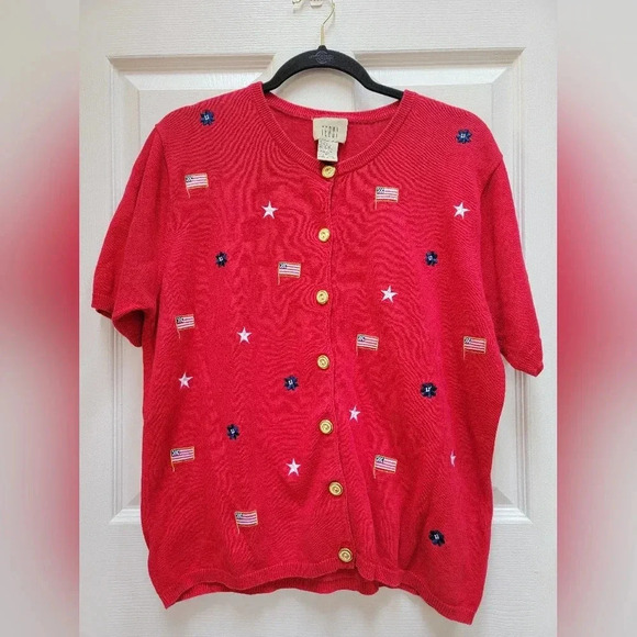 TEDDI Vintage Short Sleeve Embroidered Patriotic Button Down Sweater Size Med - Picture 1 of 4